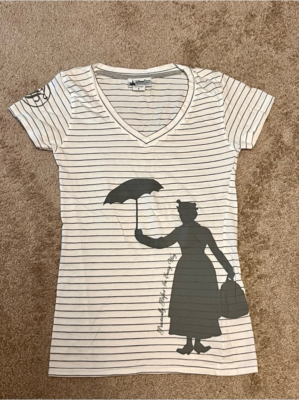 Disney White & Black Striped Mary Poppins Silhouette V‑Neck Tee